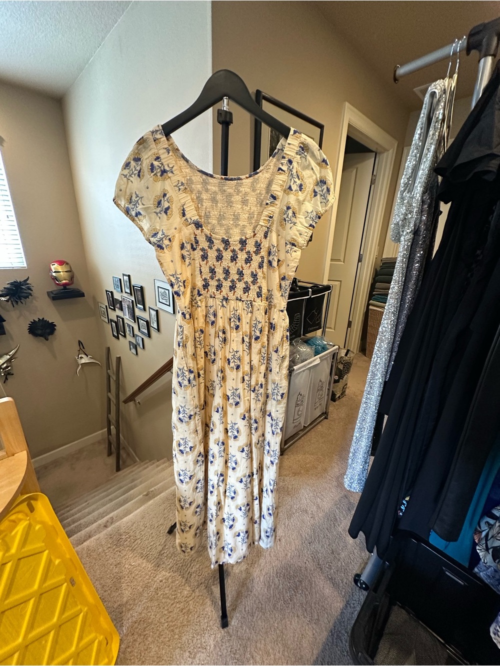 Bila Yellow Floral Smocked Midi Dress with Puff Sleeves - Picture 3 of 4